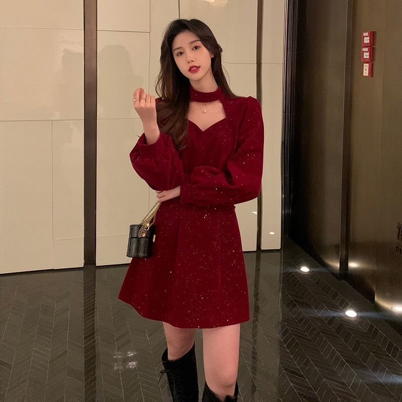 vmtvr Red Velvet Elegant Party Mini Dress Women Sequins Long Sleeve Wram Vintage Dress Ladies Casual Korean A-line Dress 2023 New Year