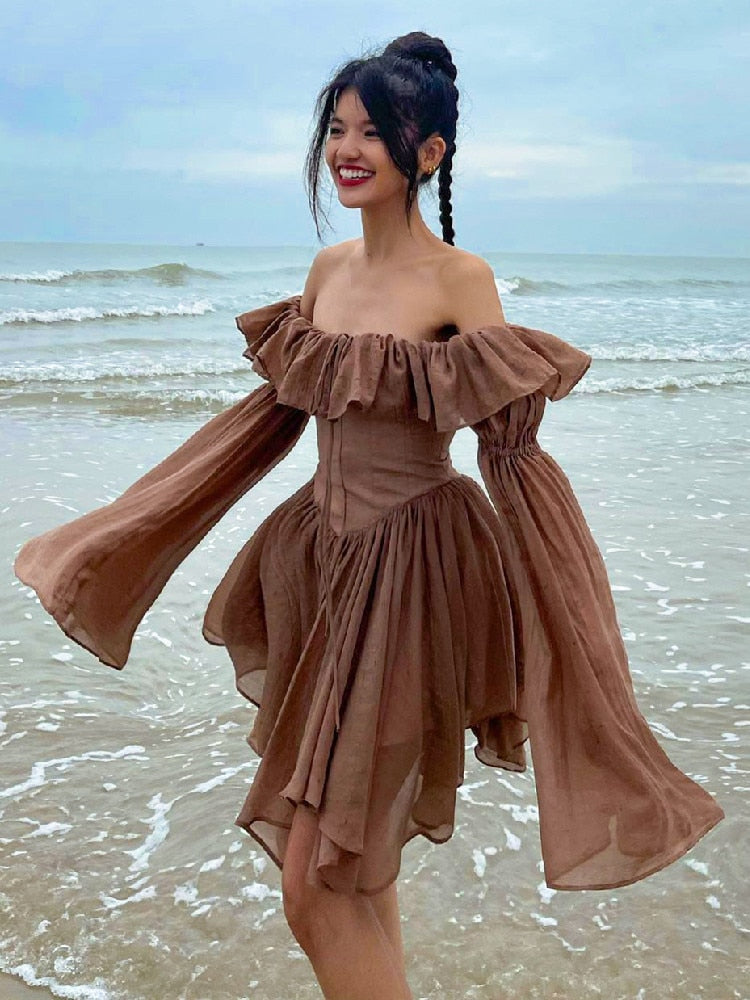 vmtvr Elegant Chiffon Corset Dress Brown Flare Long Sleeve Mini Dresses Vacation Short Party Dress Ruffles Slash Neck Outfit