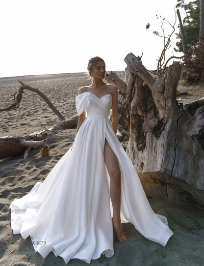 vmtvr - Custom Made Bridal Satin Wedding Gowns Runched One Shoulder 2022 Vestido Novia A Line Wedding Dresses Long Train