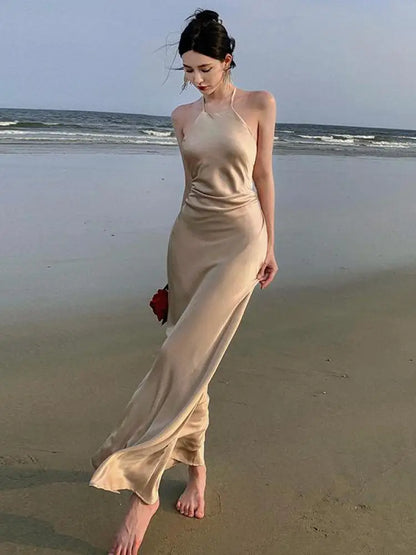 vmtvr Champagne Halter Pleated Backless Long Dress Summer New Elegant Fashion Evening Party Ladies Vintage Dresses Female Clothes