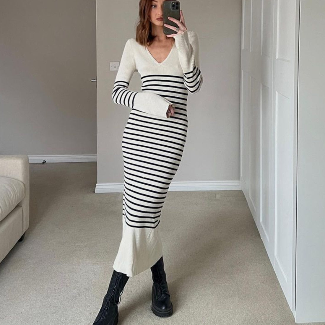 vmtvr - Black White Striped Knitted Maxi Dress for Women Elegant Long Sleeve Slim Sweater Dress Autumn Winter Causal Long Dress