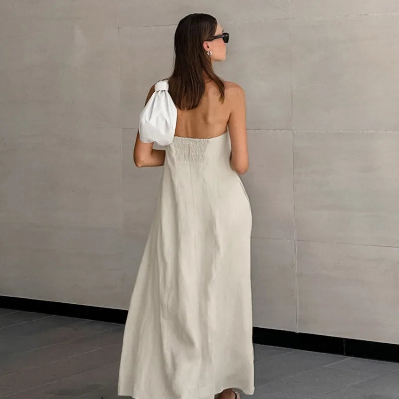 vmtvr  -  Minimalist Cotton Linen Design Strapless Dress Summer Women's Personal Street Elastic Backless Pocket Vacation Beach Dress