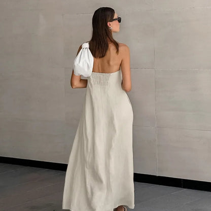 vmtvr Minimalist Cotton Linen Design Strapless Dress Summer Women's Personal Street Elastic Backless Pocket Vacation Beach Dress