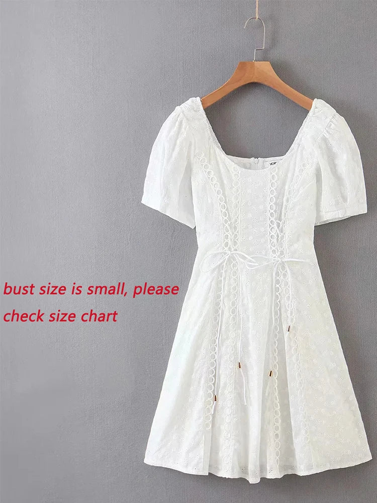 vmtvr  -  White lace embriodery summer beach dress women elegant hollow out lace up short dress off shoulder puff sleeve sheer dress