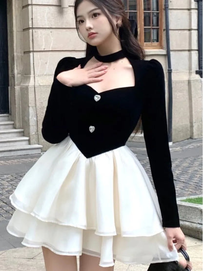 vmtvr  -  Y2K Mini Princess Dress Women Velvet Patchwork Layered Ruffles A-Line Autumn Spring Elegant Vintage Evening Party Vestidos Mujer