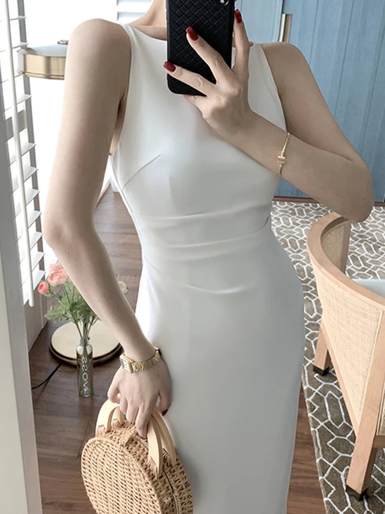 New Women Summer Fashion Spaghetti Strap Sleeveless Sexy Dress Female Elegant Evening Midi Dress