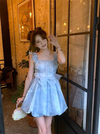 2024 Summer Backless Blue France Vintage Mini Dress Women Bow Flying Sleeve Sweet Elegant Dress Female Korea Evening Party Dress