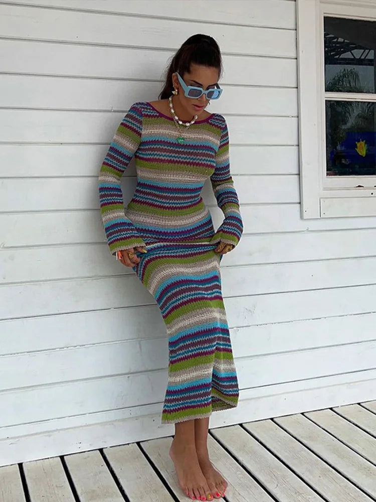 vmtvr  - hoco dress Knitted Striped Slim Backless Long Dresses Women Casual Long Sleeve O-neck Thin Knitting Dress Female Chic Elegant Streetwear