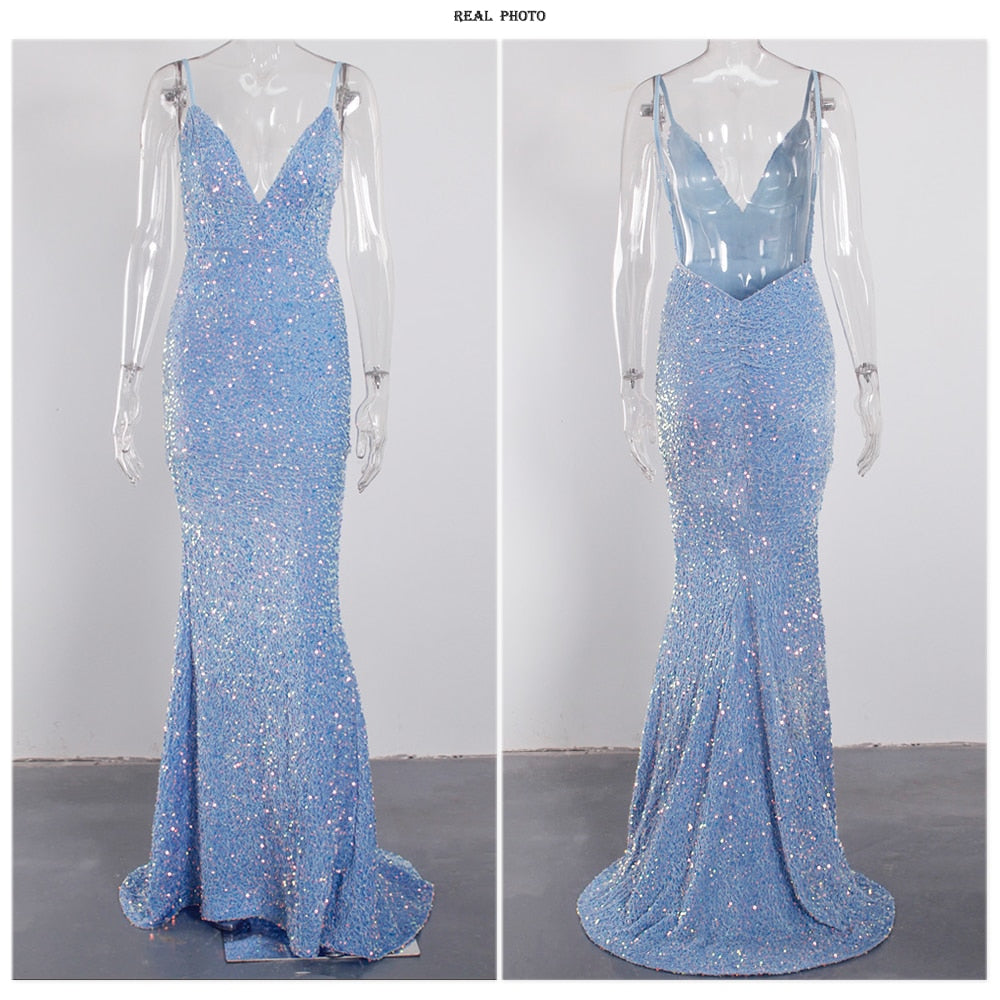 Sexy Blue Backless Slip Sequin Mermaid Wedding Gown V Neck Sleeveless Velvet Padded Stretch Prom Evening Long Dress Women