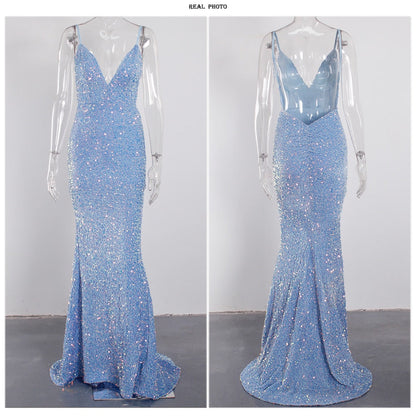 Sexy Blue Backless Slip Sequin Mermaid Wedding Gown V Neck Sleeveless Velvet Padded Stretch Prom Evening Long Dress Women