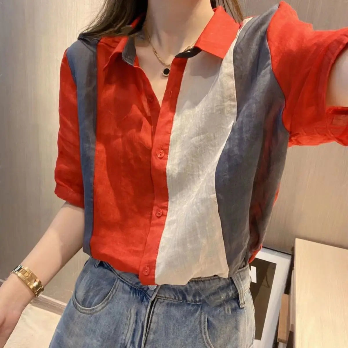 vmtvr Fashion Vintage Spliced Contrast Short Sleeve Chiffon Shirts Summer Loose Versatile Youth Korean Clothing Basic Casual Blouses