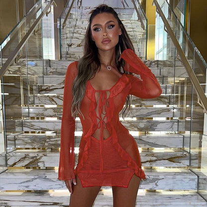 Summer Tight Mesh See Though Print Mini Dress Sexy Ruffle Bodycon Dress Fashion Bandage Long Sleeve Club Party Beach Outfits