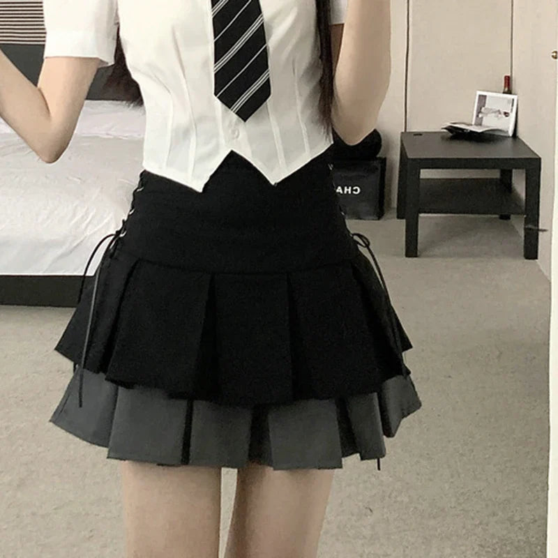 vmtvr High Waist Women Patchwork Skirts Summer Fashion Lace Up Female Mini Skirts Korean Elegant Pleated A Line Skirts New