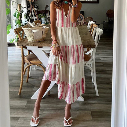 Shdowlass  -  Summer Elegant Sleeveless Pleated Long Dress Women Fashion Striped Print Tank Dress Sexy Deep V-neck Loose Bohemian Party Dress