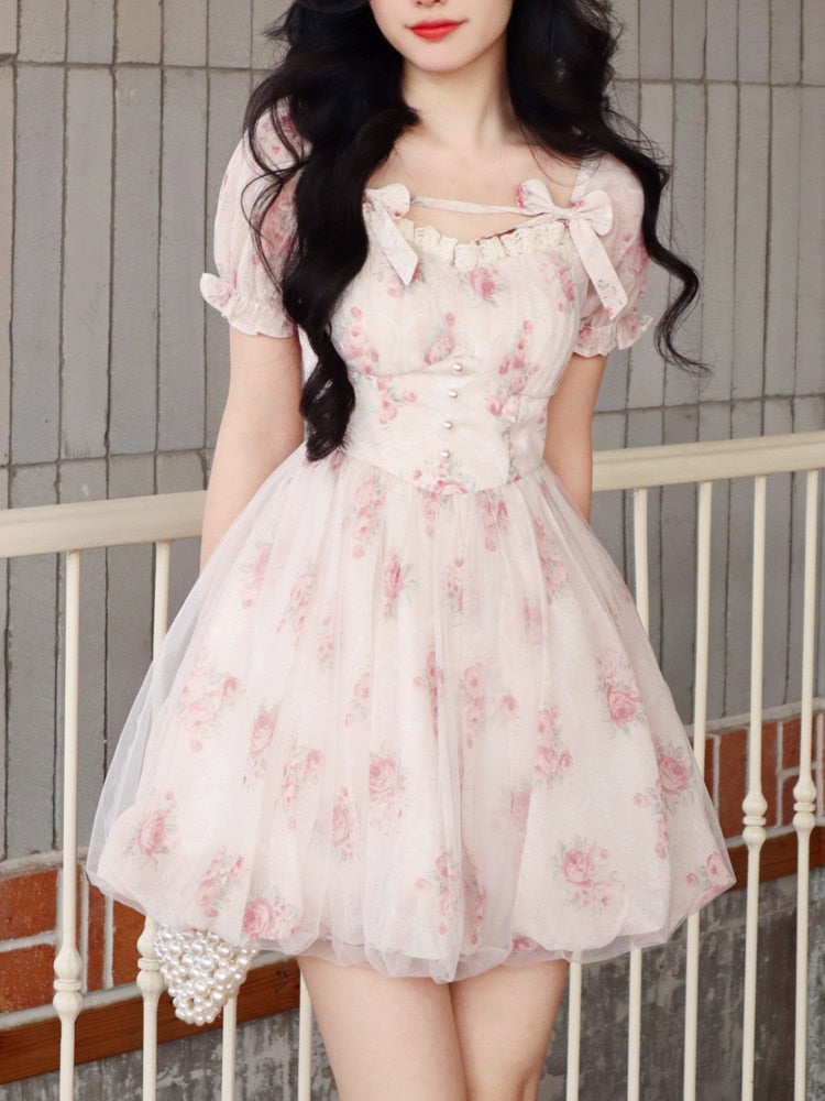 vmtvr - 2023 Summer One Piece Dress Korean Kawaii Lolita Dress Women Beach Style Elegant Y2k Mini Dress Party Puff Sleeve Fairy Chic