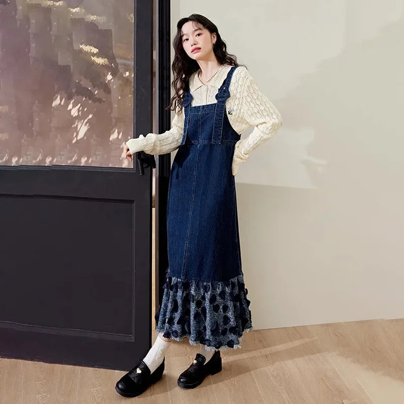 vmtvr Vintage Patchwork Denim Mermaid Dress Women Korean Style Elegant Spaghetti Strap Long Dress Summer Casual Loose Suspender Dress