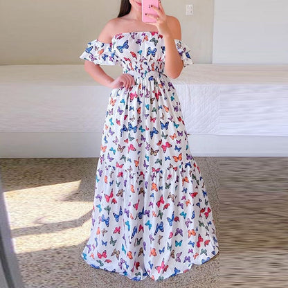 vmtvr Sexy Off The Shoulder Tube Top Dress Butterfly Rainbow Floral Print Dress Ladies Elegant Slim Summer Bohemian Party Maxi Dresses