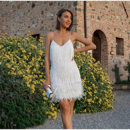 vmtvr Sequins Tassel Feather Spaghetti Strap Dress Women Fashion Sexy Stitching Mini Dresses Ladies Evening Party Club Elegant Dress