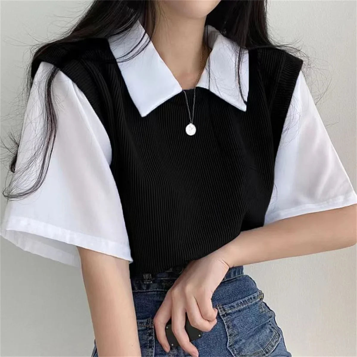 -Summer Academy Style Color Blocking Polo Collar Top Fake Two-piece Short Sleeve T-shirt Women Lazy Loose Casual Versatile Blouse