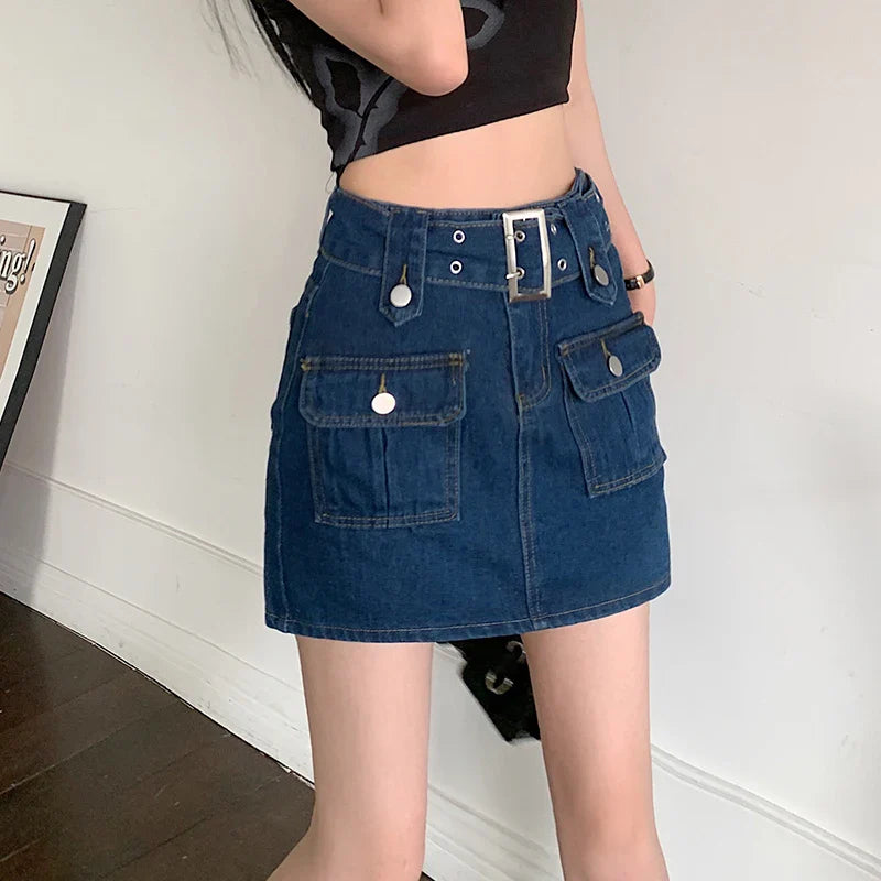 vmtvr Y2K Women High Waist Denim Skirts Korean Retro Belt Mini Skirts Summer Casual Female Streetwear A Line Jeans Skirts