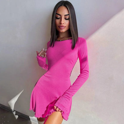 vmtvr Solid Knitted Mini Dress for Women Elegant Outfits Fall Long Sleeve Bandage A-Line Vestido Plunge Dresses Clothes