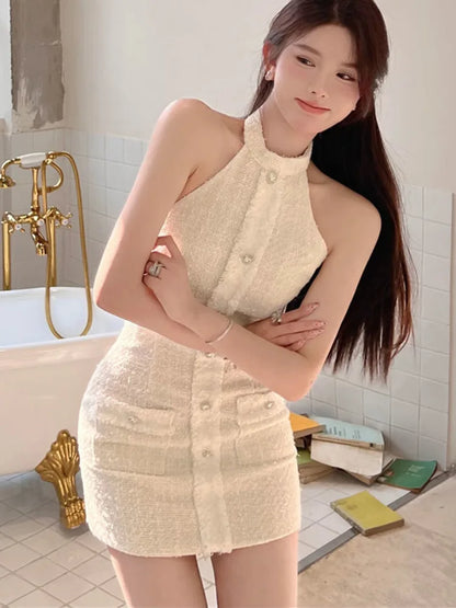 vmtvr  -  Summer New Luxury Elegant French Vintage Small Fragrance Tweed Dress Women Korean Sweet Sleeveless Sexy Dress Mini Vestidos