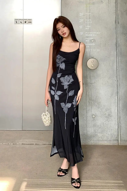 vmtvr 2024 Summer Dress New Design Sense Elastic Mesh Rose Print Tight Slip Dress Female Hip Dress