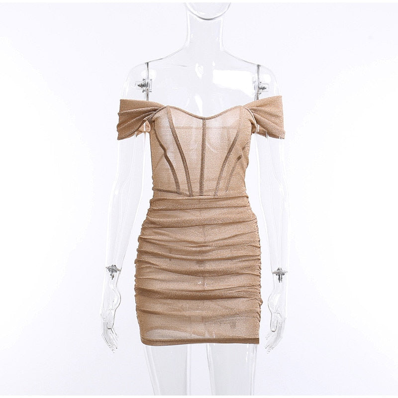 Women's Sexy Off Shoulder Tight Wrap Mini Dress Fashion Off Shoulder Pleated Hem Bodycon Dresses  Female Party Club Dress