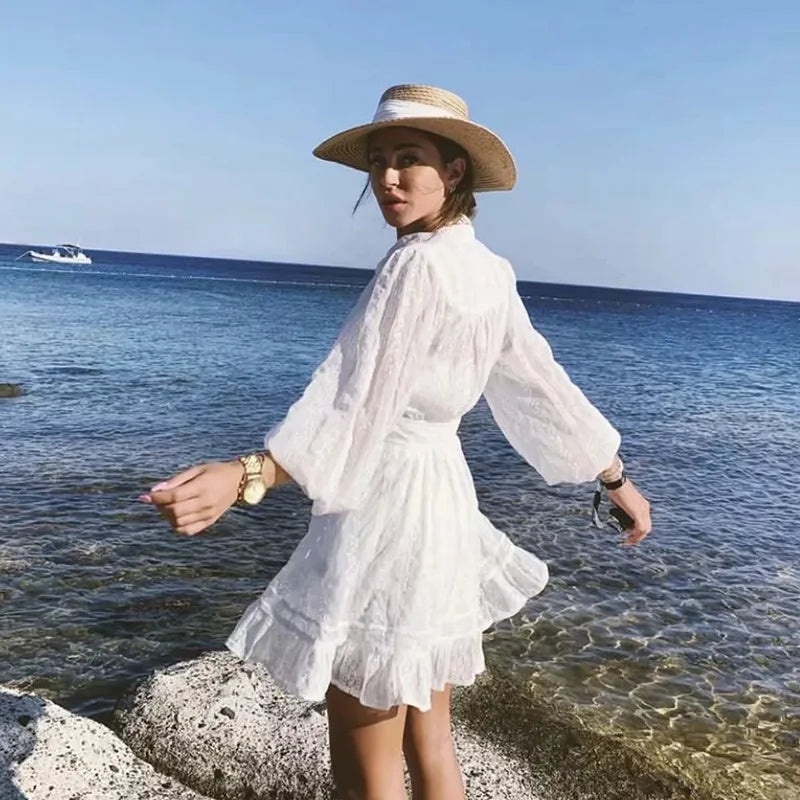 vmtvr  -  white embriodery dress women cotton lantern sleeve summer autumn beach dress new hollow out button sash dress