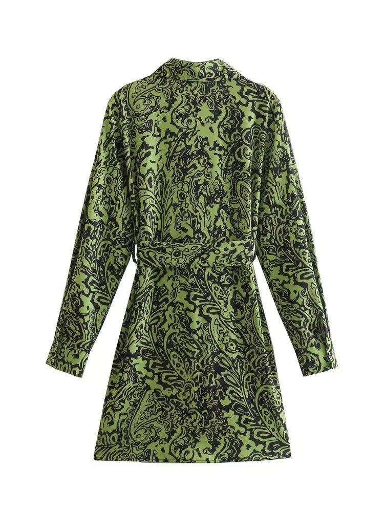 New Spring Women Vintage Floral Print Mini Dress Long Sleeve With Belt Female Shirt Dresses