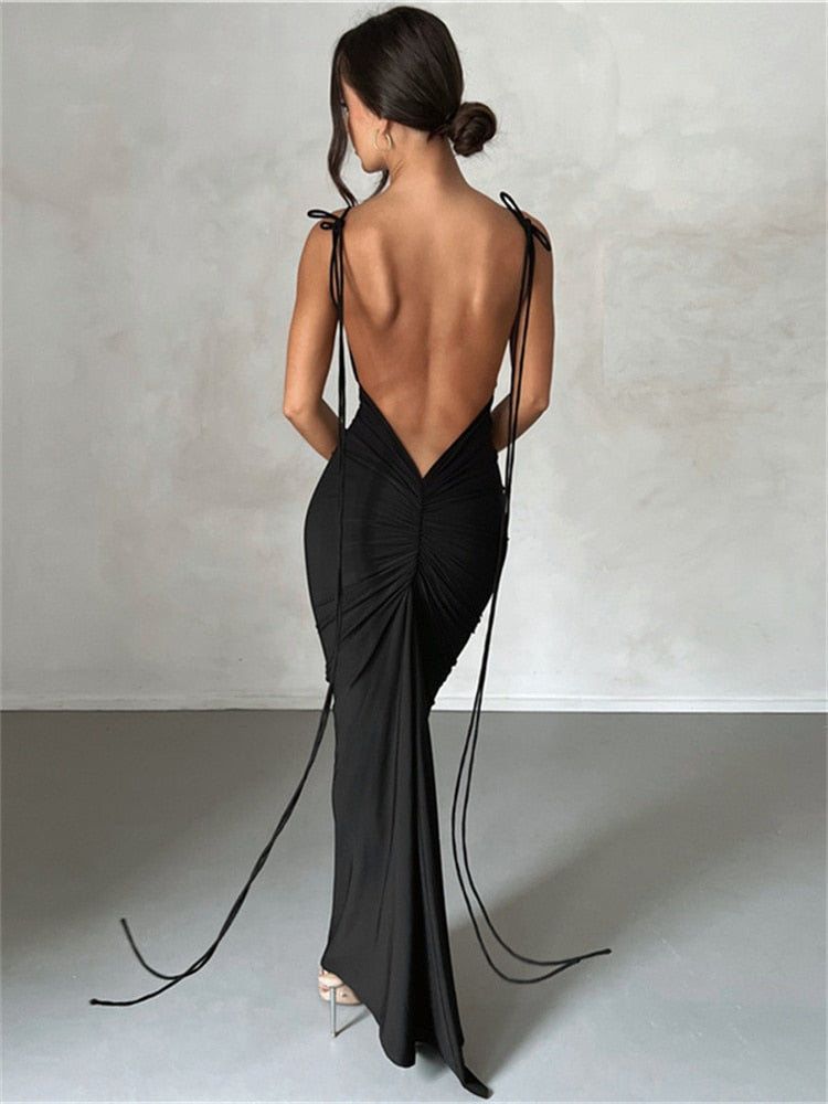 Lengthen Straped Backless Ruched Bodycon Evening Black Party Dress Women Elegant Concise Maxi Dress 2023 Summer