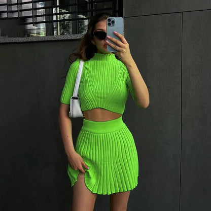 Fashion Elegant Knitted Dress Sets Sexy Pleated Matching Set Outfits for Women Winter Mini Skirts 2 Piece Sets