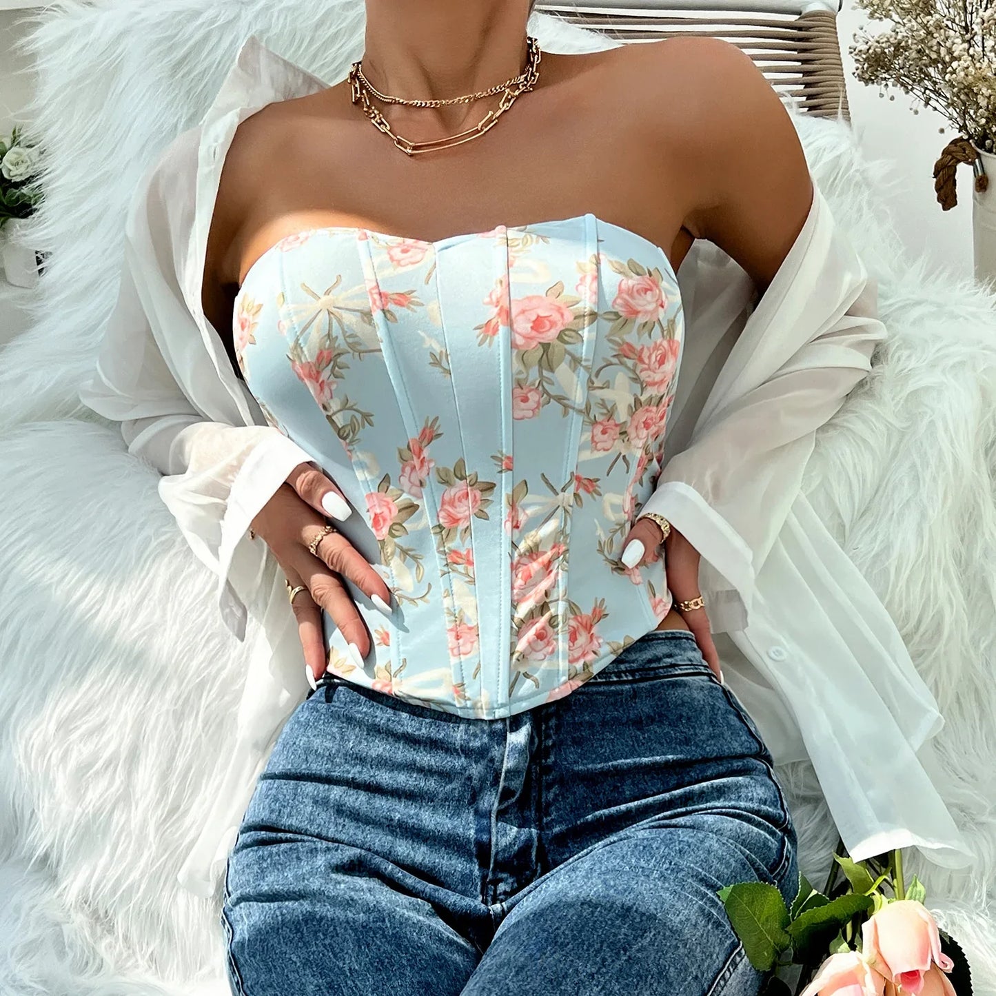 vmtvr Women's Summer Floral Printed Corset Tops Sexy Strapless Bodyshaper Bustier Crop Top Female Fashion Slim Back Hook Tank Tops