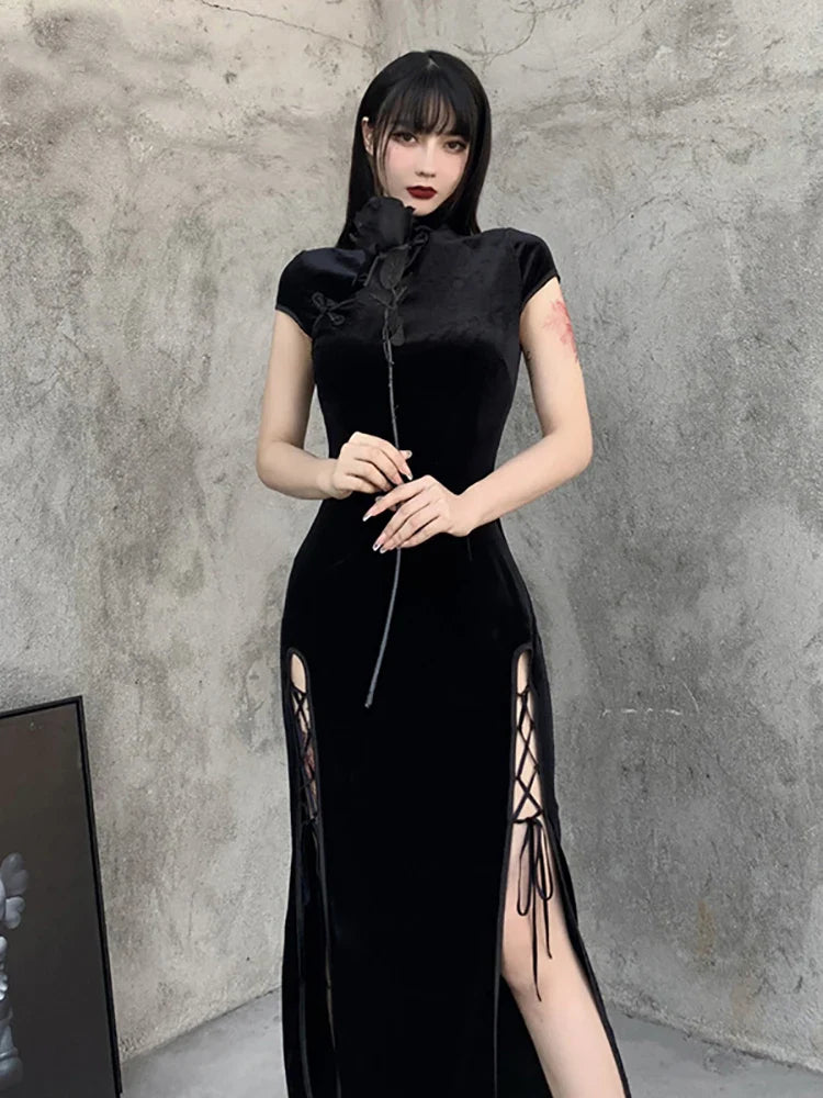 vmtvr  -  Goth Dark Romantic Gothic Velvet Aesthetic Dresses Vintage Women Black Bandage SlitHem Bodycon Dress Sexy Evening Wear Cheongsam