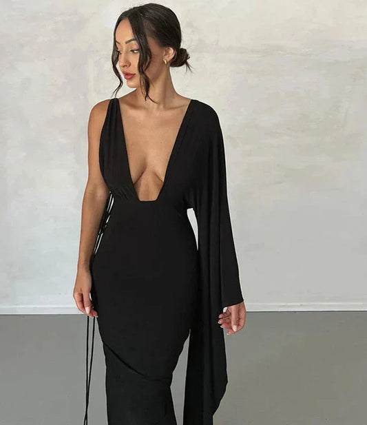 Fashion Draped Deep V Sexy Backless Maxi Dresses Party Club Women Elegant One Shoulder Gown Slip Dresses Ruched