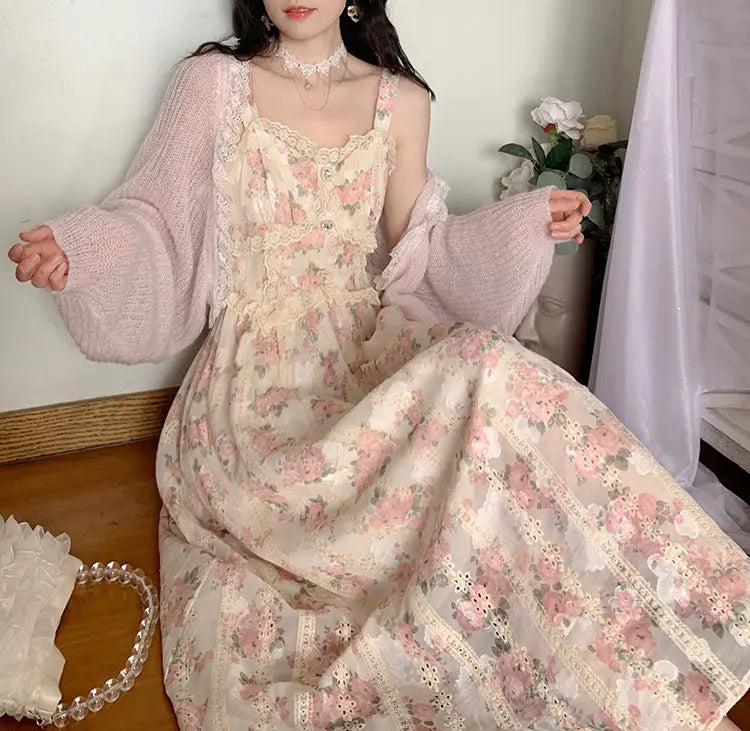 vmtvr Chiffon Lace Strap Dress Women Floral Embroidery Fairy Vintage Long Dress Female Sweet Princess Casual Party Dresses Summer