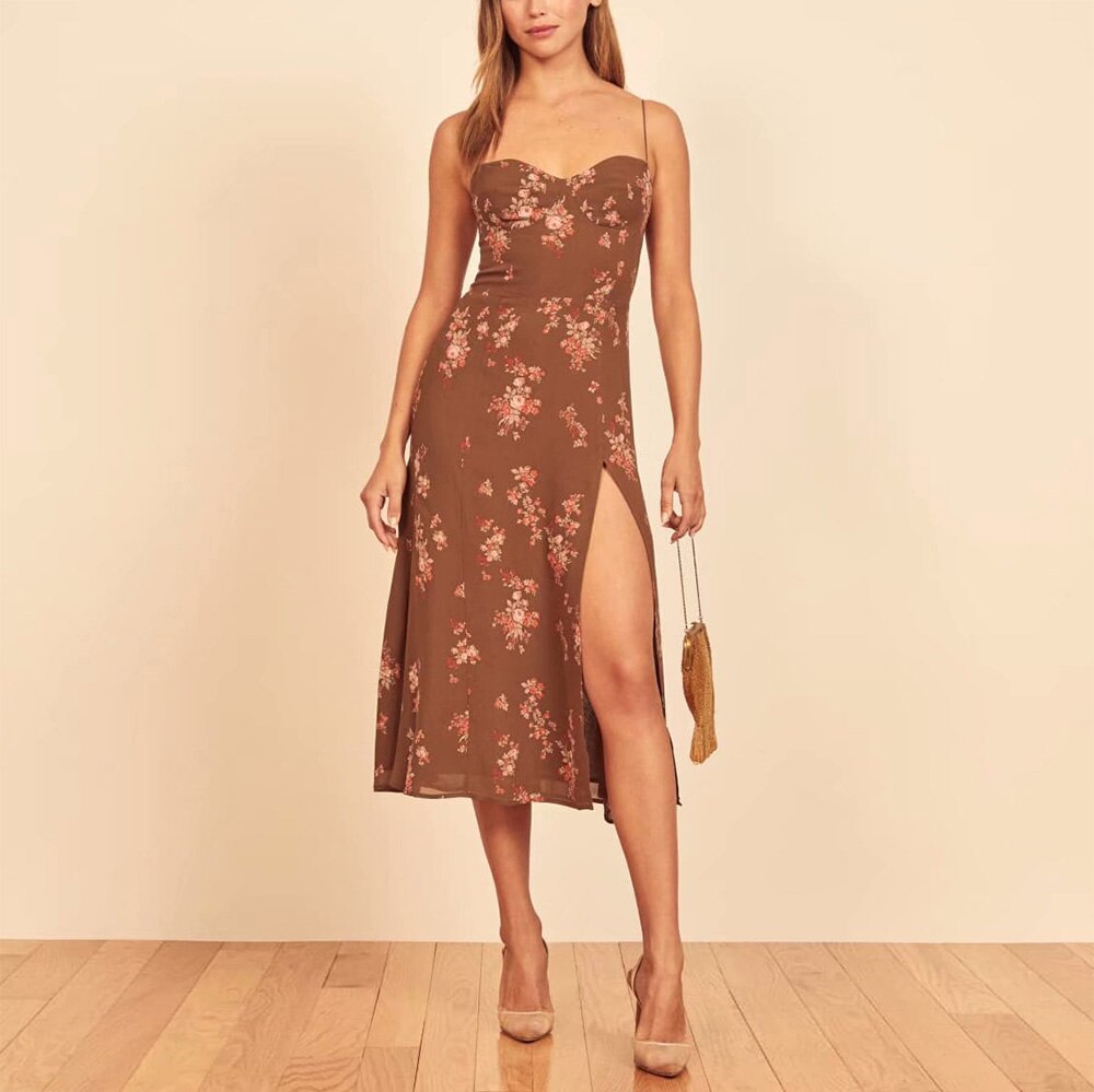 vmtvr Summer Dresses For Women Elegant Vintage Floral Print Dress Sweetheart Neck Spaghetti Strap Midi Dress With Slit Sundress