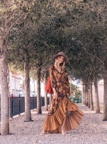 vmtvr -  Autumn New Floor Length Dress Women's Long Sleeve Printing Dress Floral Vintage Irregular Maxi Dress Mujer Chic Boho Dress