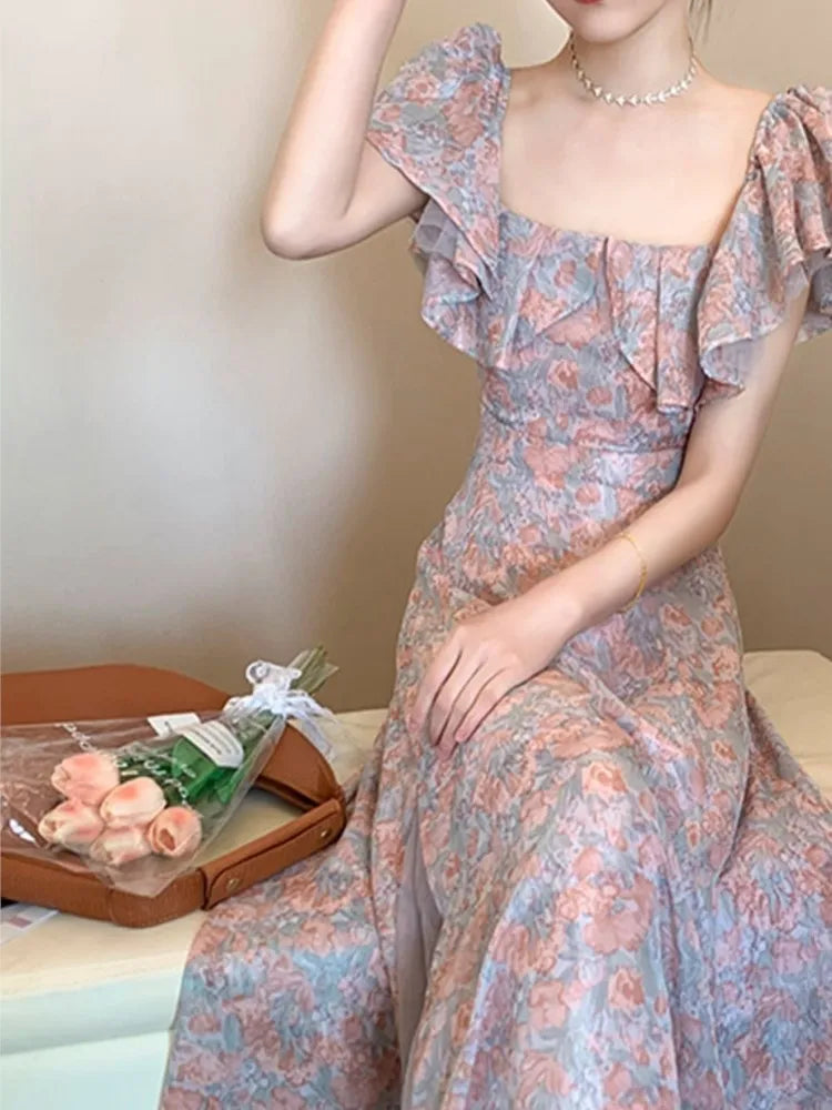 vmtvr  -  outfit ideas Elegant Chiffon Floral Strap Dress for Women Summer Mesh Stitching Strapless Dress Holiday Ladies Vestidos Female Robe