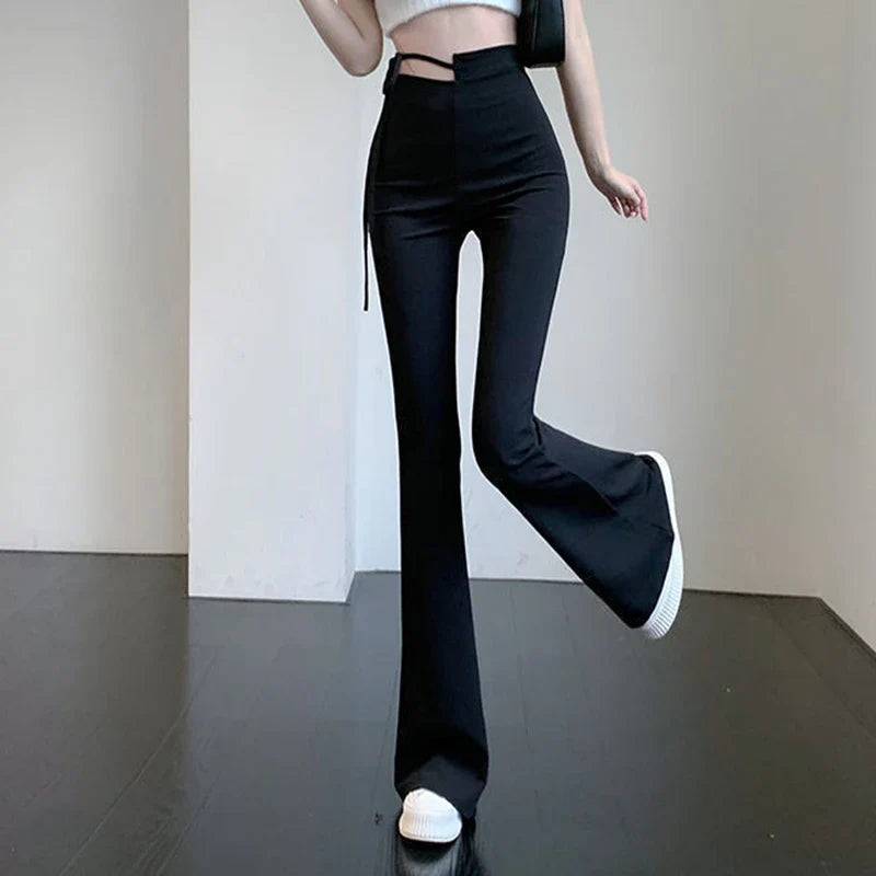 vmtvr Y2K High Waist Flared Pants Women Summer Fashion Lace Up Bodycon Pants Korean Streetwear All Match Female Black Trousers