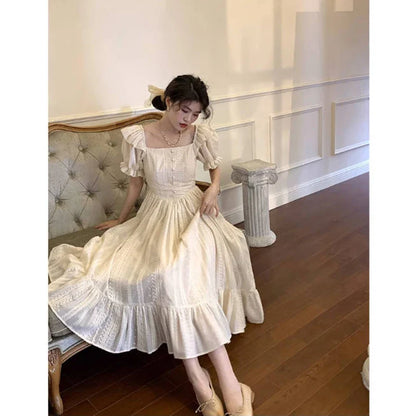 Elegant Square Collar White Dress Summer Fashion Puff Sleeve Ruffle Dress for Women 2024 Chic Vintage Maxi Dresses 2024  New