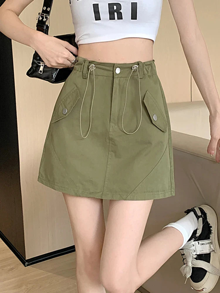 vmtvr Women Drawstring Cargo Skirt Fashion High Waist Preppy Style A Line Mini Skirt Summer Korean Casual All Match Sexy Skirt