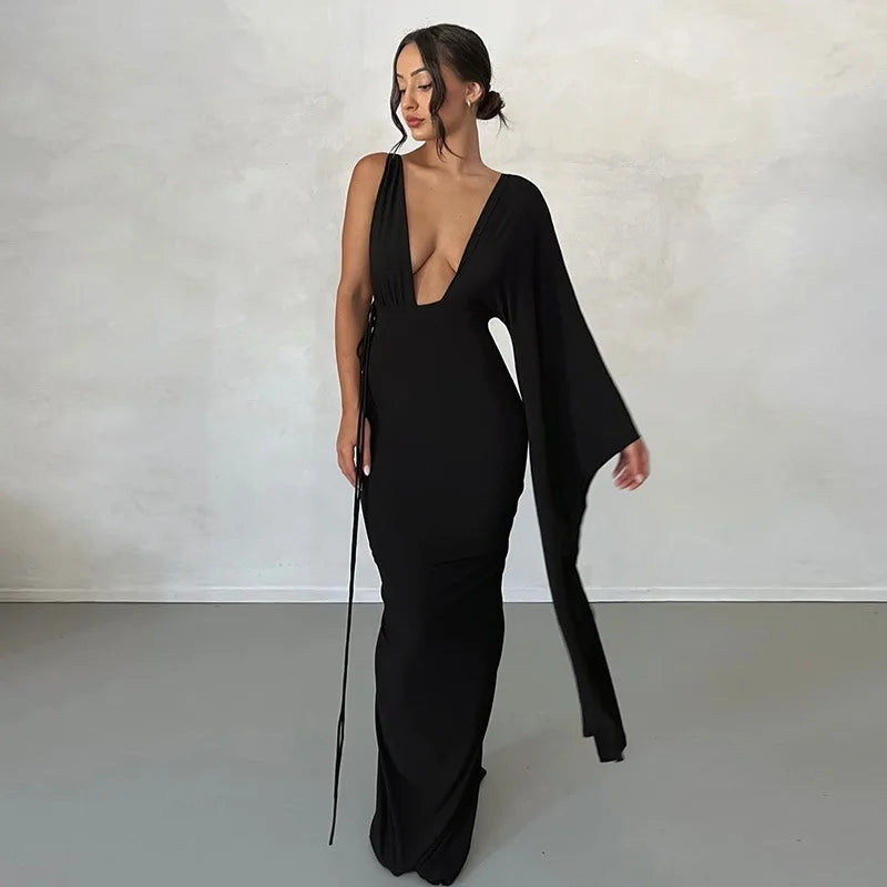 Fashion Draped Deep V Sexy Backless Maxi Dresses Party Club Women Elegant One Shoulder Gown Slip Dresses Ruched