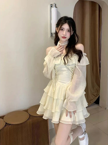 vmtvr Summer Elegant Ruffles Fairy Dress Women Casual Sweet Lolita Party Dress Long Sleeve One Piece Dress Korean Female Fashion