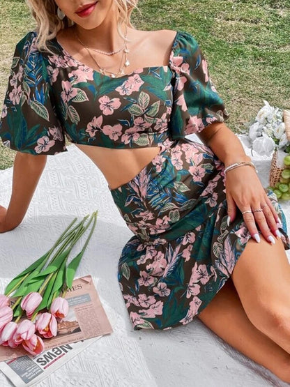 vmtvr Fashion Hollow Puff Sleeve Slim Party Dress Summer Picnic A-Line Casual Dress Women Elegant Square Neck Floral Print Mini Dress