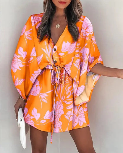 vmtvr 2023 Summer Boho Dresses Women Casual Flora Print Batwing Sleeve Lace-Up Dress Sexy V Neck Loose Ladies Beach Mini Dress Vestido