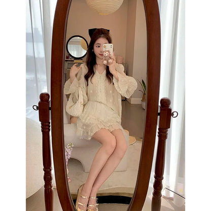 vmtvr Casual Fashion Skirt Suit Women's New Summer Shirt And Long-sleeved Shirt Top 2-piece Set