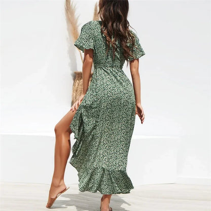 vmtvr Summer New Beach Dress Women Floral Print Boho Long Chiffon Dresses Ruffles Wrap Casual V-Neck Split Sexy Party Female Vestidos