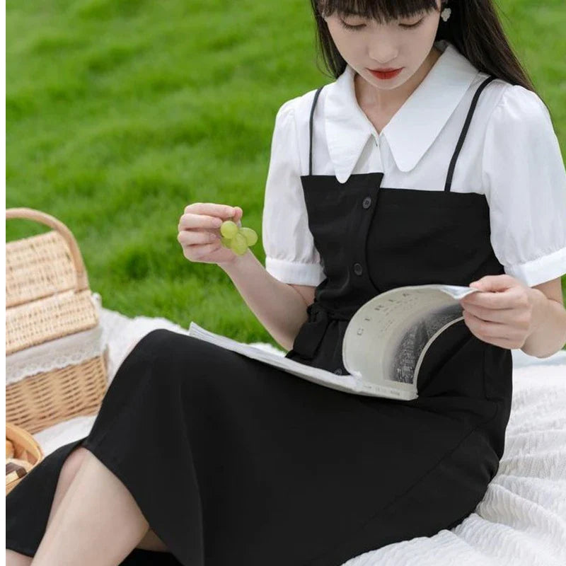 Summer Women's Graceful Patchwork Midi Dress Korean Preppy Style Student Fashion Fake Two Piece Overall Dresses Lady Clothing