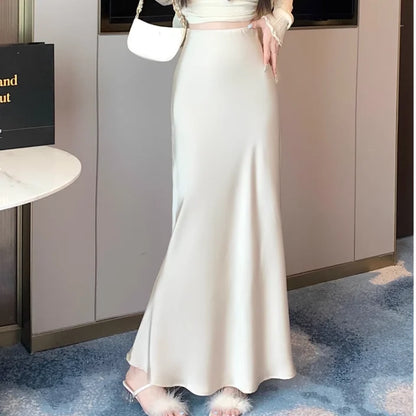 vmtvr Summer Satin Skirt 2024 Women's Long Skirt Silk High Waisted Slim Fashion Korean Solid Champagne Black Midi Skirts for Women